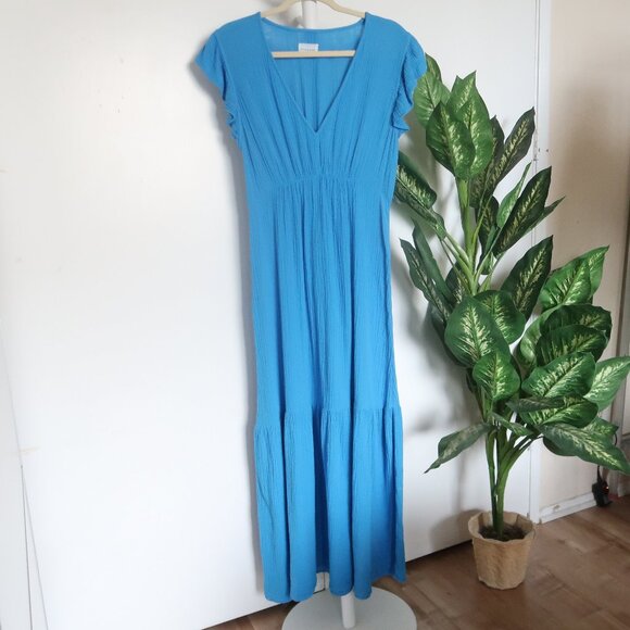 Honorine Blue Cotton Gauze Maxi Dress Flutter Sleeves Tiered Tiered Summer M - Picture 3 of 8